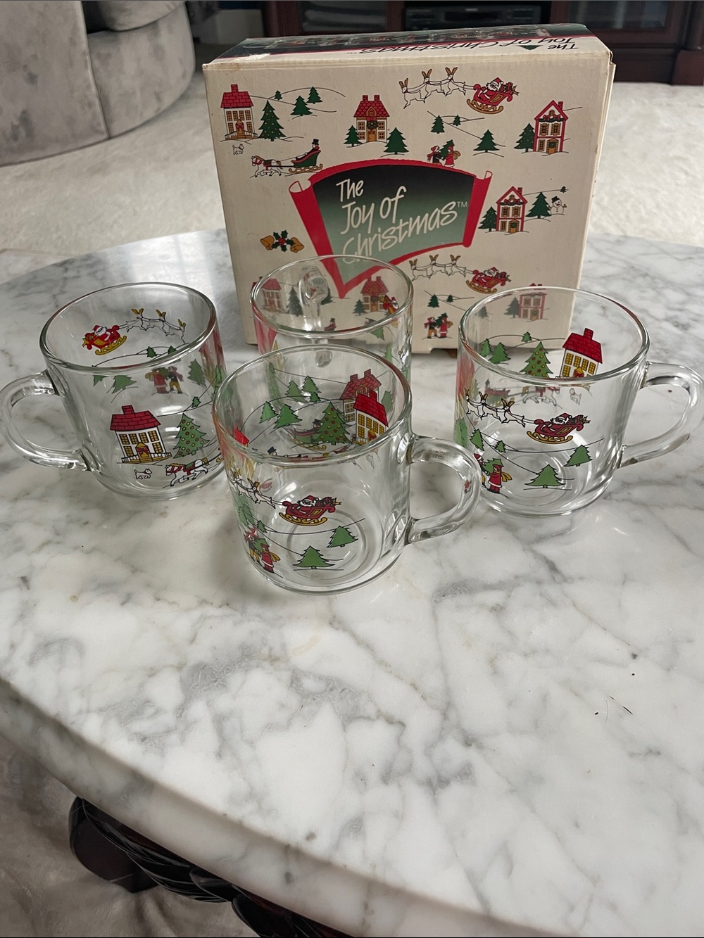 The Joy of Christmas Glass Mugs with Sleigh & Tree Graphics vintage